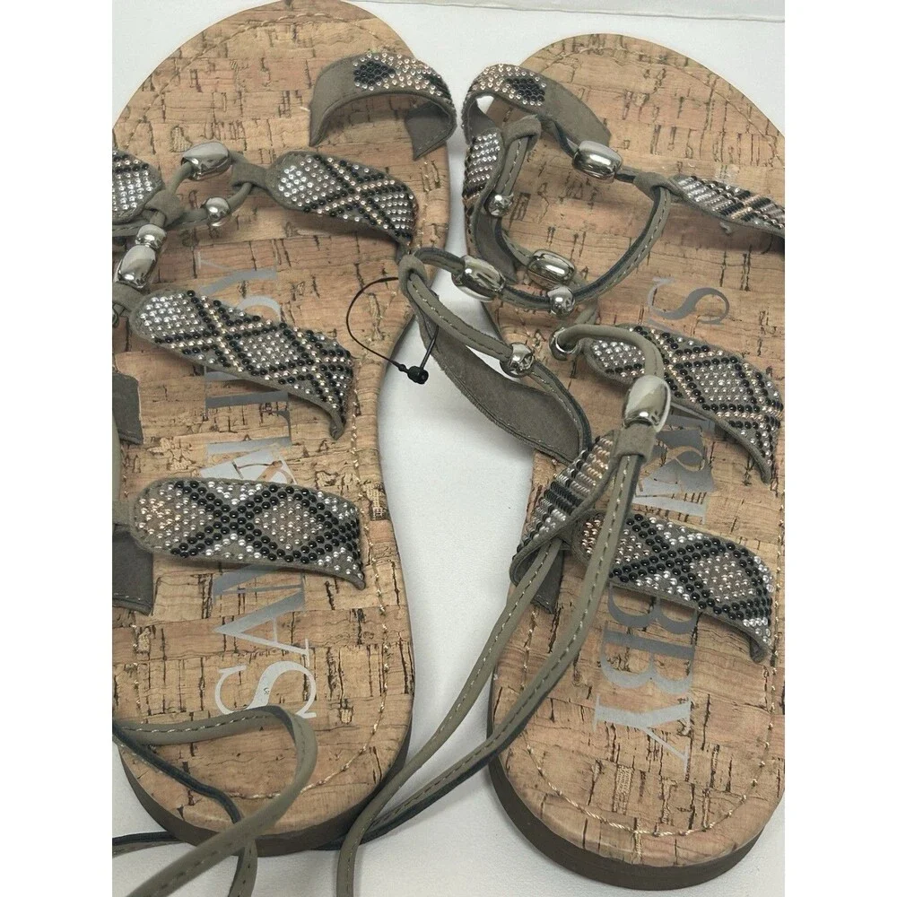 Sam & Libby Sandals Metallic Beaded Lace Up Gladiator Flats 8 Boho Western Festi